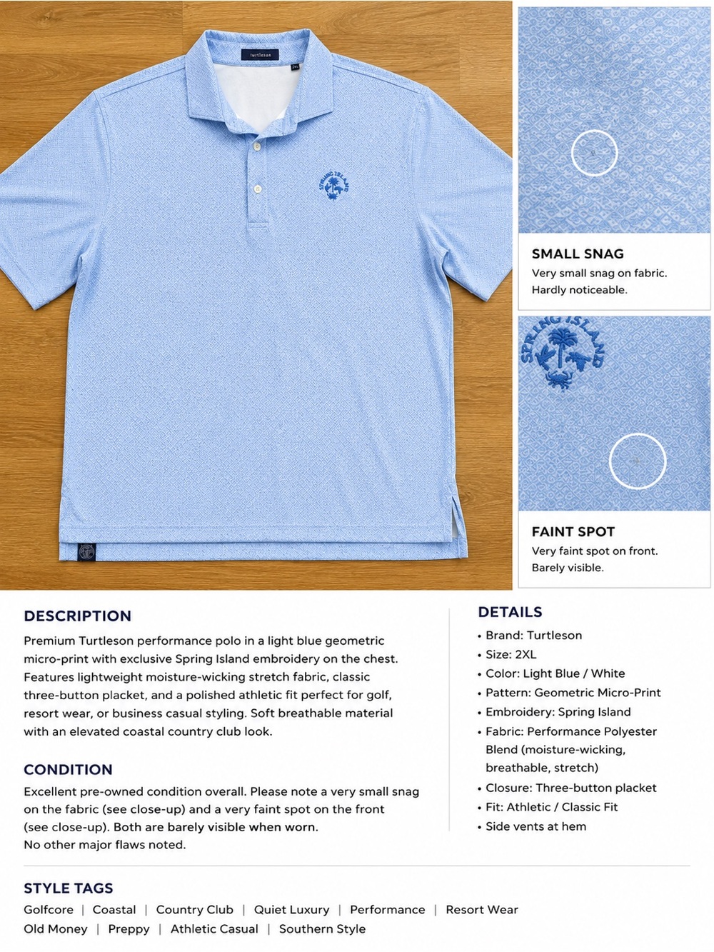 Turtleson Spring Island Performance Polo Shirt 2XL Blue Geometric Golf